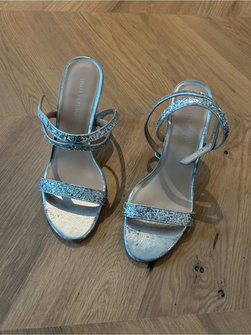 Stuart Weitzman Silver Glitter Open-Toe Heels